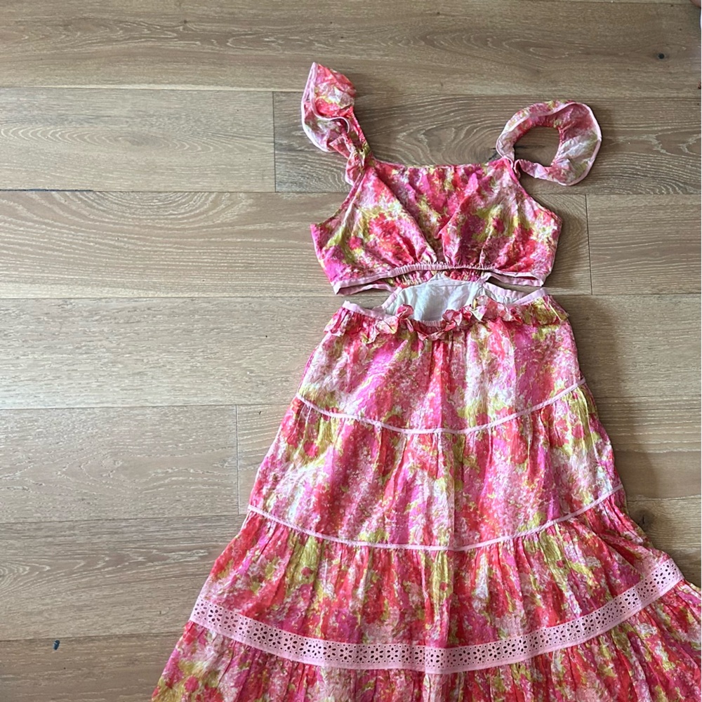 LoveShackFancy Madsen Floral Cutout Maxi Dress Pink Orange Tiered Cotton Silk L - Picture 7 of 12